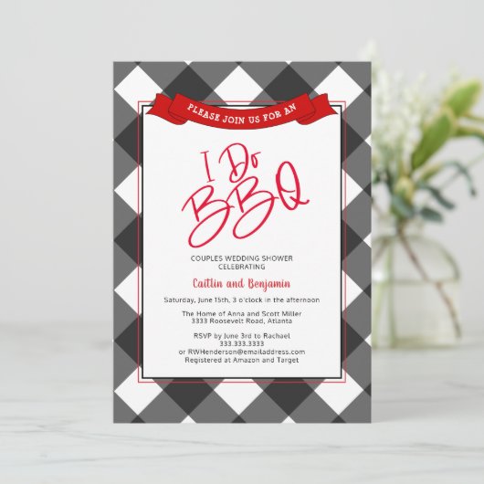 Zwart Rood Koppels Ik Doe BBQ Vrijgezellenfeest Kaart (Staand voorkant)