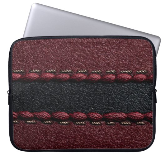 Zwart & rood leereffect laptop sleeve (Voorkant)