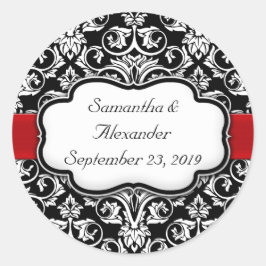 Zwart/Rood Lint Damast Bruiloft Envelop Afdichting Ronde Sticker