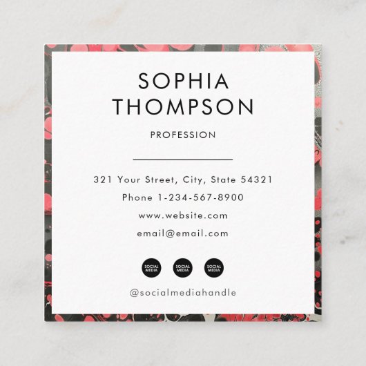 Zwart & Rood Marmer Abstract QR Code Social Media Vierkante Visitekaartje (Achterkant)