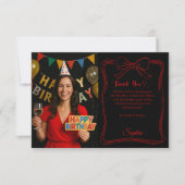 Zwart rood met de hand getekende boog foto verjaar bedankkaart (Voorkant)