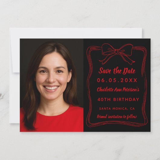 Zwart rood met de hand getekende boog foto verjaar save the date (Voorkant)