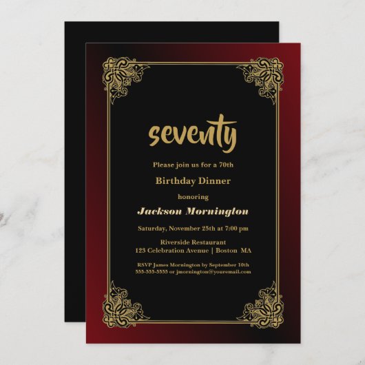 Zwart Rood met Gold Lijst 70e verjaardag Kaart (Voorkant / Achterkant)