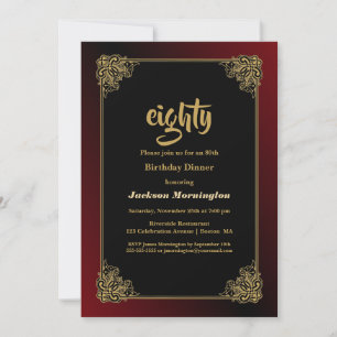 Zwart Rood met Gold Lijst 80th Birthday Dinner Kaart