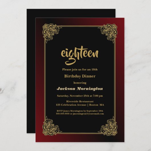 Zwart Rood met Gouden Lijst 18e Verjaardag Diner Kaart (Voorkant / Achterkant)