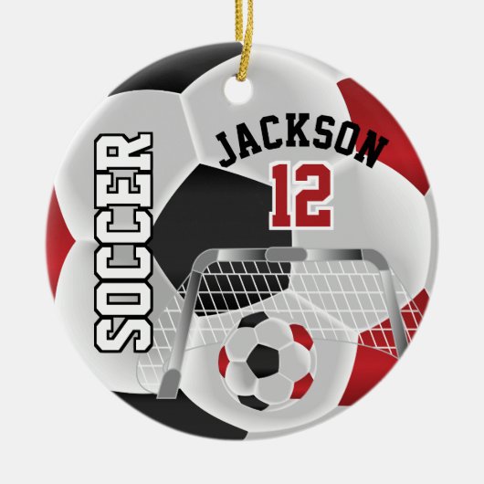 Zwart-rood, persoonlijk Voetbal Keramisch Ornament (Voorkant)