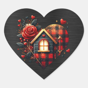 Zwart Rood Plaid Valentijn Hart Sticker