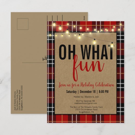 Zwart & Rood Plakken Check Fun Holiday Party Uitno Feestdagenkaart (Voorkant / Achterkant)