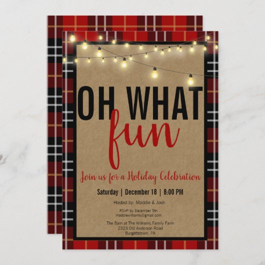 Zwart & Rood Plakken Check Fun Holiday Party Uitno Feestdagenkaart (Voorkant / Achterkant)