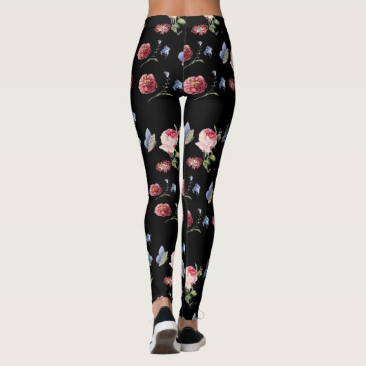 Zwart Rood & roze bloemenprint & blauwe vlinder Leggings (Achterkant)