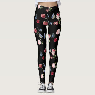 Zwart Rood & roze bloemenprint & blauwe vlinder Leggings