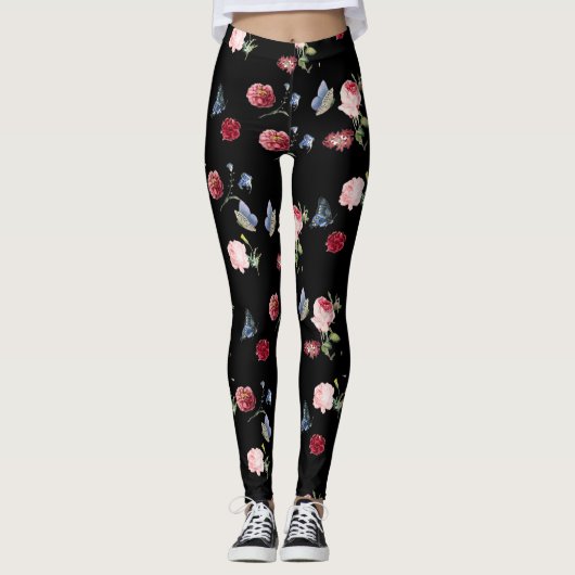 Zwart Rood & roze bloemenprint & blauwe vlinder Leggings (Voorkant)