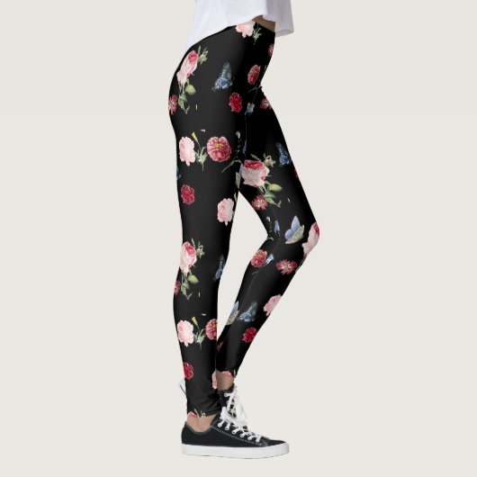 Zwart Rood & roze bloemenprint & blauwe vlinder Leggings (Rechts)