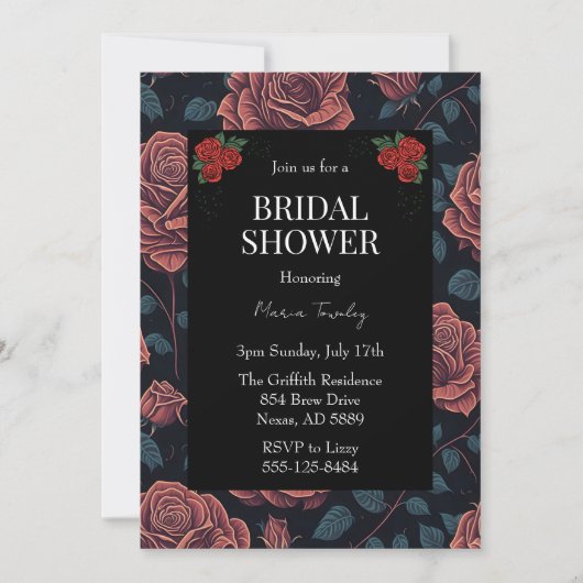 Zwart Rood Rozen Bloemen Bruids Douche Uitnodiging (Voorkant)