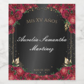 Zwart & Rood Rozen Quinceañera Wijnflesetiketten Wijn Etiket (Enkel label)