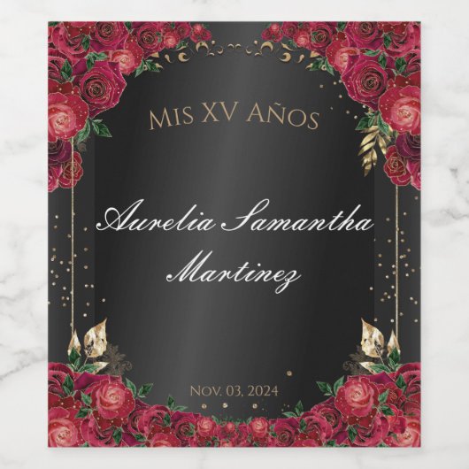 Zwart & Rood Rozen Quinceañera Wijnflesetiketten Wijn Etiket