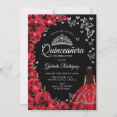 Zwart Rood Rozen Vlinders Quinceanera Kaart (Voorkant)