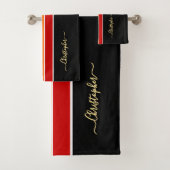 Zwart Rood Sinaasappel Racing Stripes Faux Gold Mo Bad Handdoek (Insitu)