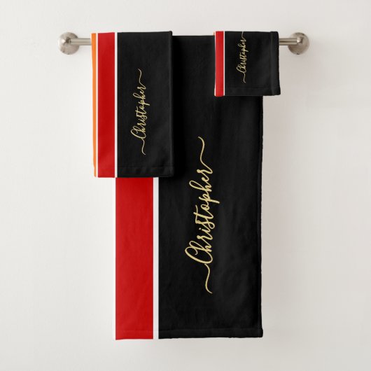 Zwart Rood Sinaasappel Racing Stripes Faux Gold Mo Bad Handdoek (Insitu)