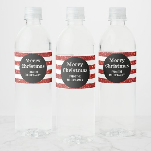 Zwart Rood Strepen Custom Vrolijk Kerstfeest Waterfles Etiket (Flessen)