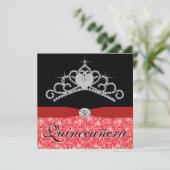 Zwart Rood Tiara Zwart Rood Quinceanera Kaart (Staand voorkant)