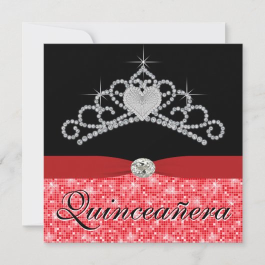Zwart Rood Tiara Zwart Rood Quinceanera Kaart (Voorkant)