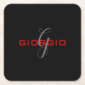 Zwart Rood Uw Naam Initiaal Modern Monogram Kartonnen Onderzetters (Voorkant)