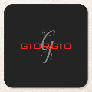 Zwart Rood Uw Naam Initiaal Modern Monogram Kartonnen Onderzetters