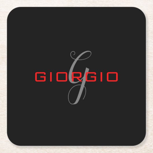 Zwart Rood Uw Naam Initiaal Modern Monogram Kartonnen Onderzetters (Voorkant)