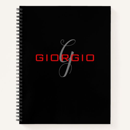 Zwart Rood Uw Naam Initiaal Modern Monogram Notitieboek (Voorkant)