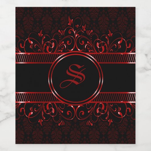 Zwart & Rood Versierd Gotisch Monogram Wijn Etiket (Enkel label)