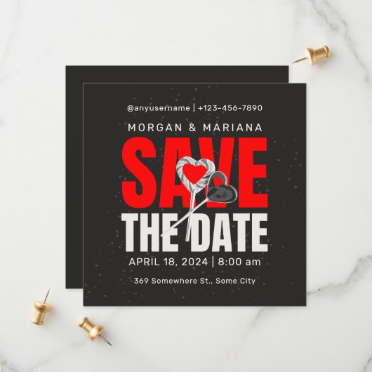 Zwart Rood Vet Save The Date Love Theme (Voorkant / Achterkant in situ)