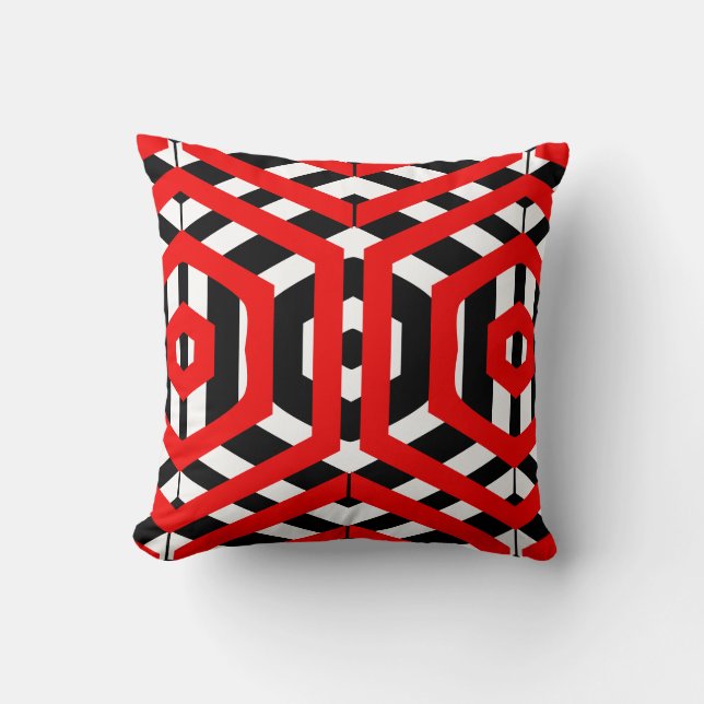 Zwart, rood, wit abstract patroon effen achterkant kussen (Voorkant)