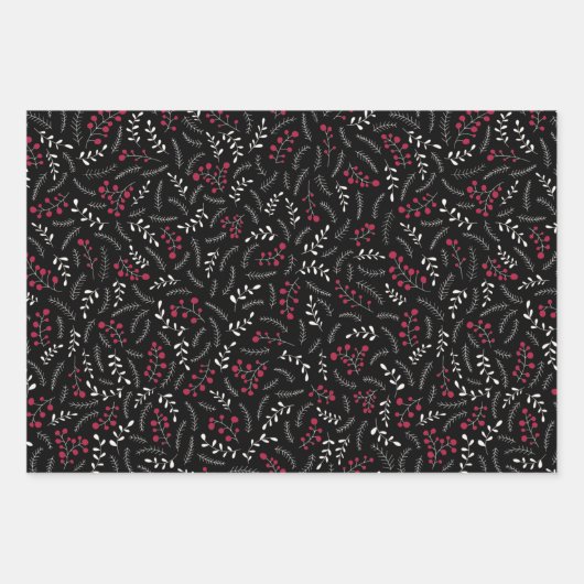 Zwart rood wit bladpatroon inpakpapier vel (Voorkant 3)