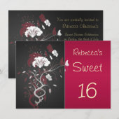 Zwart, rood, wit, bloemig, vlinder Sweet 16 Kaart (Voorkant / Achterkant)