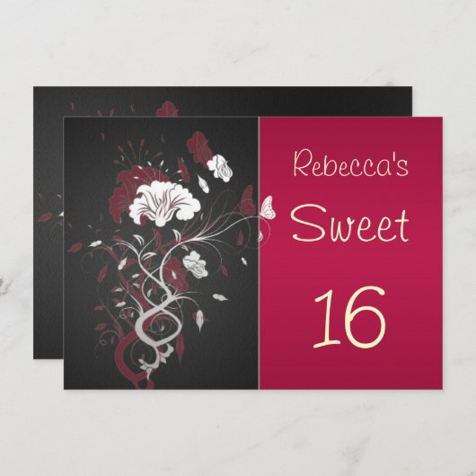 Zwart, rood, wit, bloemig, vlinder Sweet 16 Kaart (Voorkant / Achterkant)