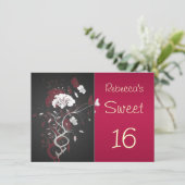 Zwart, rood, wit, bloemig, vlinder Sweet 16 Kaart (Staand voorkant)
