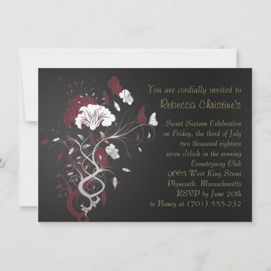 Zwart, rood, wit, bloemig, vlinder Sweet 16 Kaart (Achterkant)