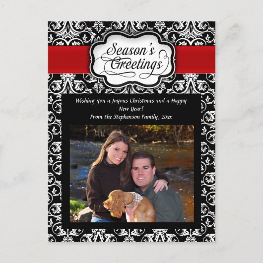 Zwart/Rood/Wit Damask Seizoen Groet Briefkaart (Voorkant)