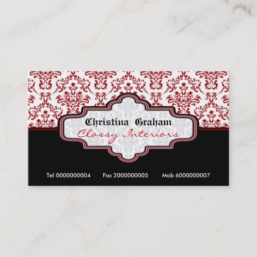 Zwart rood wit damast interieur visitekaartje (Voorkant)