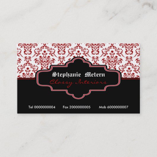 Zwart rood wit damast interieur visitekaartjes (Voorkant)