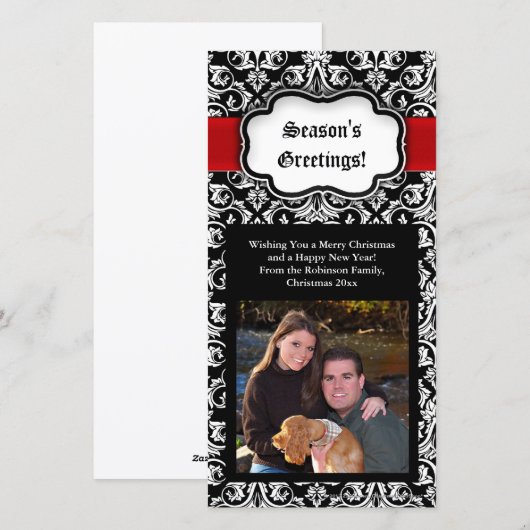 Zwart/Rood/Wit Damast Seizoen Groet Fotokaart Feestdagenkaart (Voorkant / Achterkant)