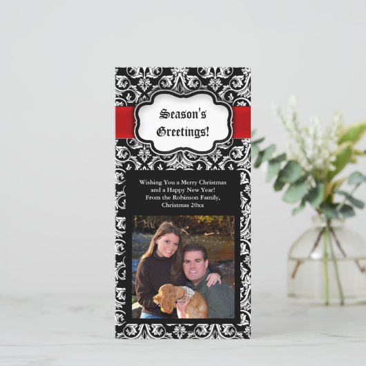 Zwart/Rood/Wit Damast Seizoen Groet Fotokaart Feestdagenkaart (Staand voorkant)