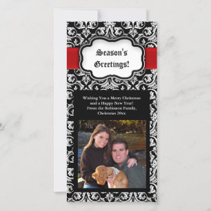 Zwart/Rood/Wit Damast Seizoen Groet Fotokaart Feestdagenkaart