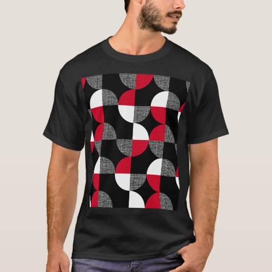 Zwart, rood, wit geometrisch geruite patroon. t-shirt (Voorkant)