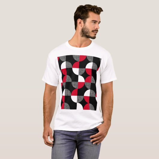Zwart, rood, wit geometrisch geruite patroon. t-shirt (Voorkant volledig)