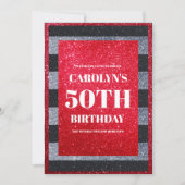 Zwart Rood Wit Glitter Verjaardagsfeestje Kaart (Voorkant)