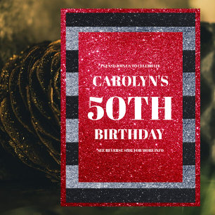 Zwart Rood Wit Glitter Verjaardagsfeestje Kaart