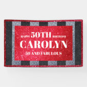 Zwart Rood Wit Glitter Verjaardagsfeestje Spandoek (Horizontaal)