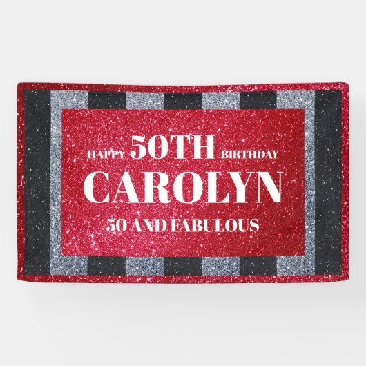 Zwart Rood Wit Glitter Verjaardagsfeestje Spandoek (Horizontaal)